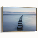 Framed canvas artwork depicting a serene landscape bridge with golden accents, showcasing intricate details and vibrant colors, perfect for home decor.
