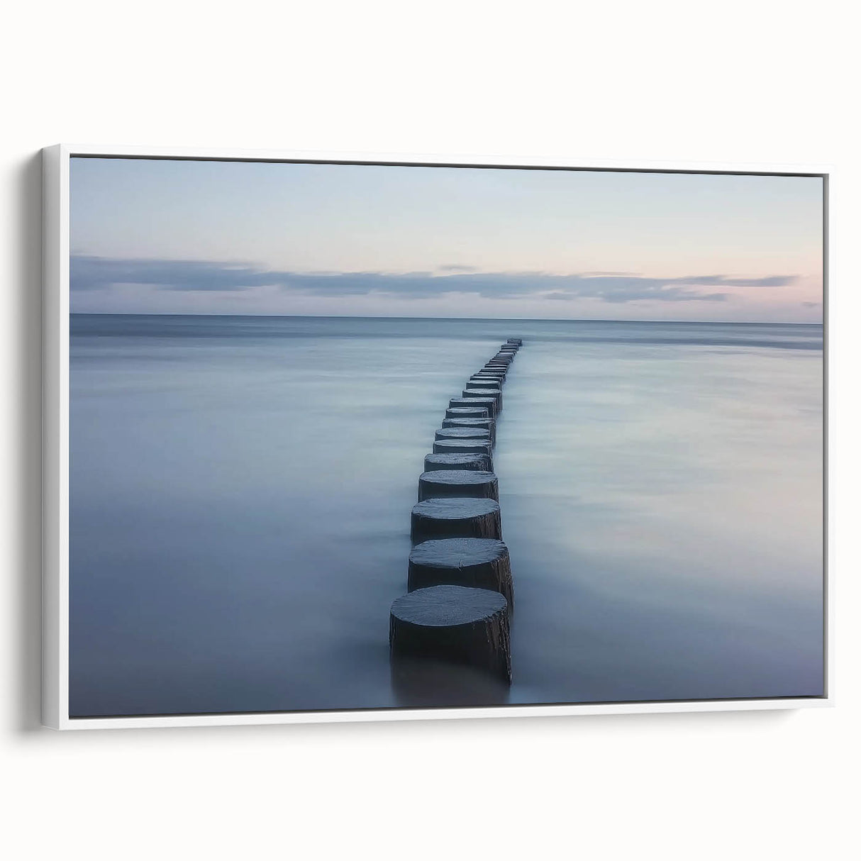 Framed canvas artwork depicting a serene landscape bridge scene, showcasing vibrant colors and intricate details, ideal for home decor. Side view highlights the elegant framing.