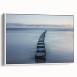 Framed canvas artwork depicting a serene landscape bridge scene, showcasing vibrant colors and intricate details, ideal for home decor. Side view highlights the elegant framing.