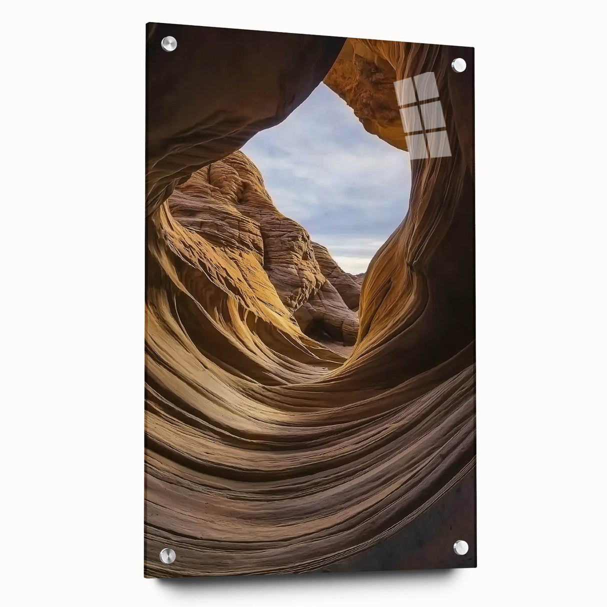 Acrylic glass artwork depicting a stunning landscape of canyons, showcasing rich earth tones and intricate details. Ideal for modern home decor with a side view display.