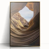 Stunning framed acrylic artwork showcasing a vibrant canyon landscape with rich gold accents, ideal for modern home decor and art enthusiasts.