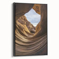 Framed landscape canvas art depicting a vibrant canyon scene with rich colors, showcased against a sleek black frame, perfect for home decor enhancement.