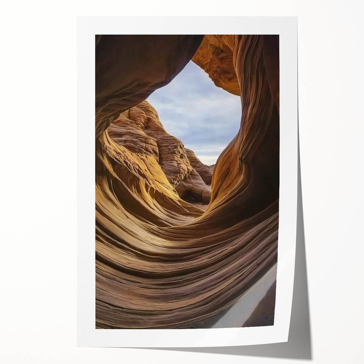 Vibrant landscape print showcasing stunning canyons in rich earthy tones, rolled for easy shipping. Ideal for home decor and nature enthusiasts, this artwork adds a touch of the outdoors to any space.
