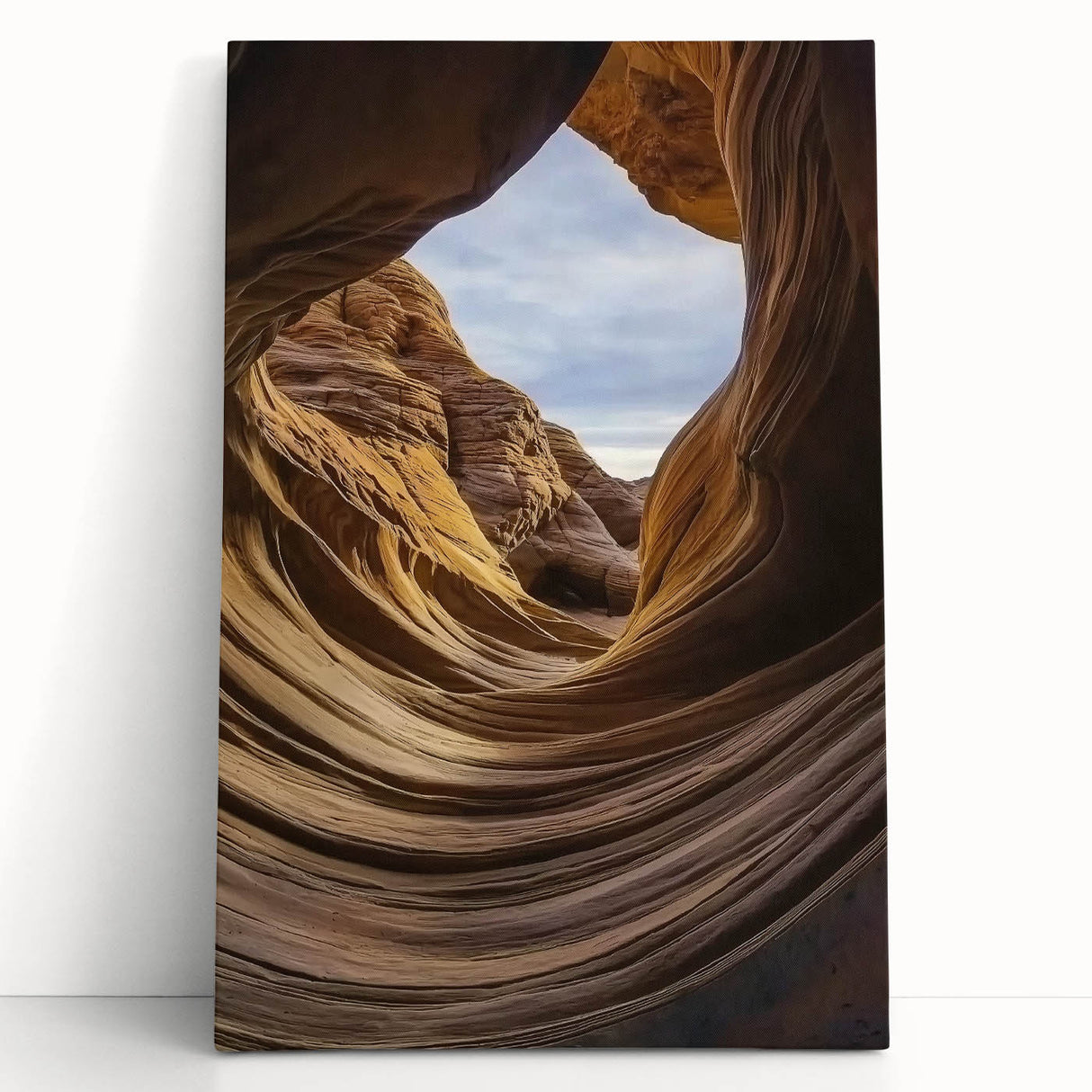 Stretched canvas artwork depicting vibrant canyons in a dramatic landscape, showcasing rich colors and textures, perfect for enhancing home decor with a nature-inspired theme.
