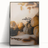 Mid-century modernist art depicting autumn trees in orange and brown hues, framed in silver acrylic.