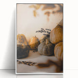 Art deco poster depicting a stylized fall scene in orange and brown tones, framed in white acrylic.
