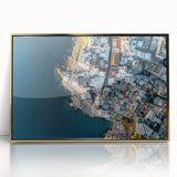 Framed acrylic landscape artwork showcasing majestic cliffs with vibrant gold accents, perfect for adding elegance to modern home decor.