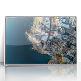 Framed acrylic artwork depicting dramatic cliffs in a vibrant landscape, showcasing rich colors and intricate details, ideal for modern home decor.