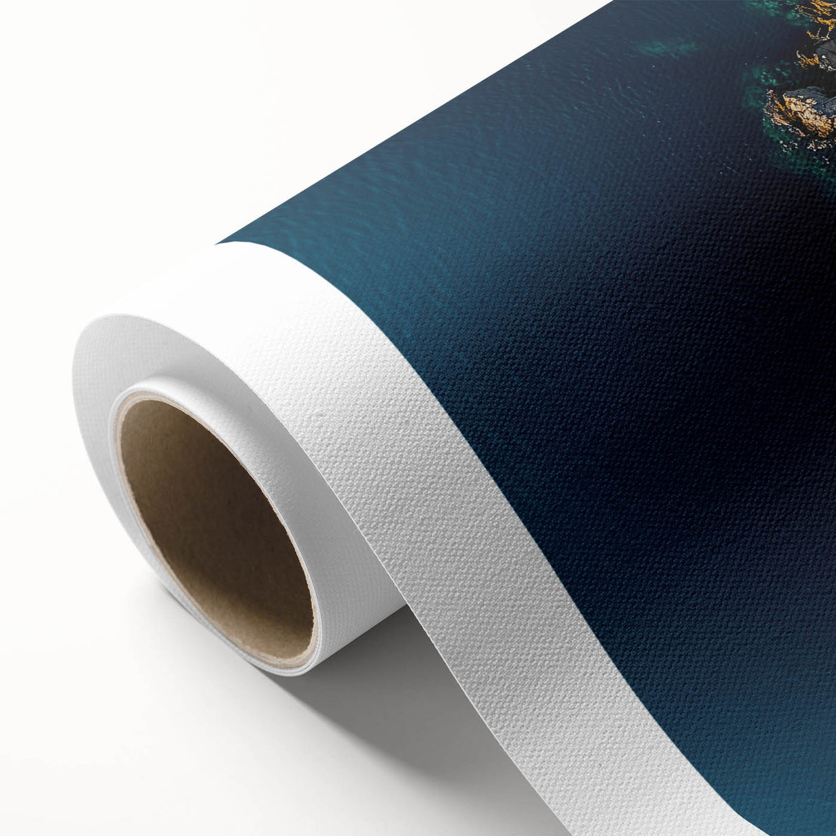 Vibrant rolled canvas showcasing a stunning landscape of cliffs with rich colors and intricate details, elegantly packaged in a protective cardboard tube for safe shipping.