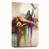Abstract acrylic figurative artwork displayed from a side view, showcasing vibrant colors and intricate pin details, perfect for modern home decor.