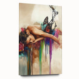 Abstract figurative acrylic artwork displayed from the side, showcasing vibrant colors and fluid shapes, ideal for modern home decor or gallery settings.