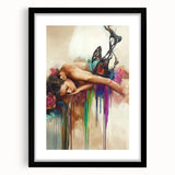 Abstract figurative artwork framed in sleek black, showcasing vibrant colors and dynamic shapes, ideal for modern home decor and artistic expression.