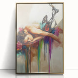 Framed abstract figurative artwork with gold accents, showcasing dynamic shapes and vibrant colors, ideal for modern home decor or art collections.