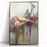 Framed abstract figurative wall art in silver acrylic, showcasing dynamic shapes and vibrant colors, ideal for modern home decor and artistic ambiance.