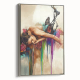 Abstract figurative framed canvas artwork in silver frame, showcasing vibrant colors and fluid shapes, ideal for modern home decor and artistic spaces.