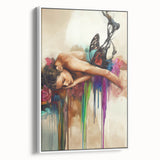 Framed abstract figurative canvas artwork showcasing a modern design with vibrant colors and intricate details, displayed from a side view against a neutral backdrop.