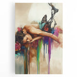 Stretched canvas artwork showcasing a vibrant abstract figurative design with bold colors and fluid shapes, perfect for modern home decor. Ideal for enhancing living spaces.