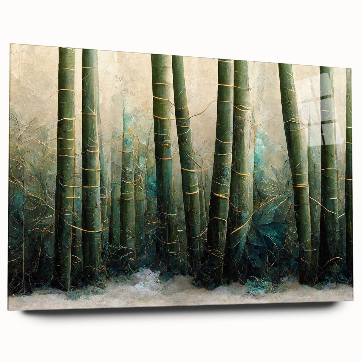 Abstract floral wall art displayed in an acrylic glass frame, showcasing vibrant colors and intricate patterns, perfect for modern home decor. Side view highlights the sleek design and elegant presentation without visible mounting pins.