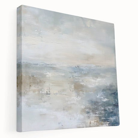 Abstract geometric stretched canvas artwork showcasing vibrant blue, orange, and yellow shapes against a textured background, perfect for modern decor.
