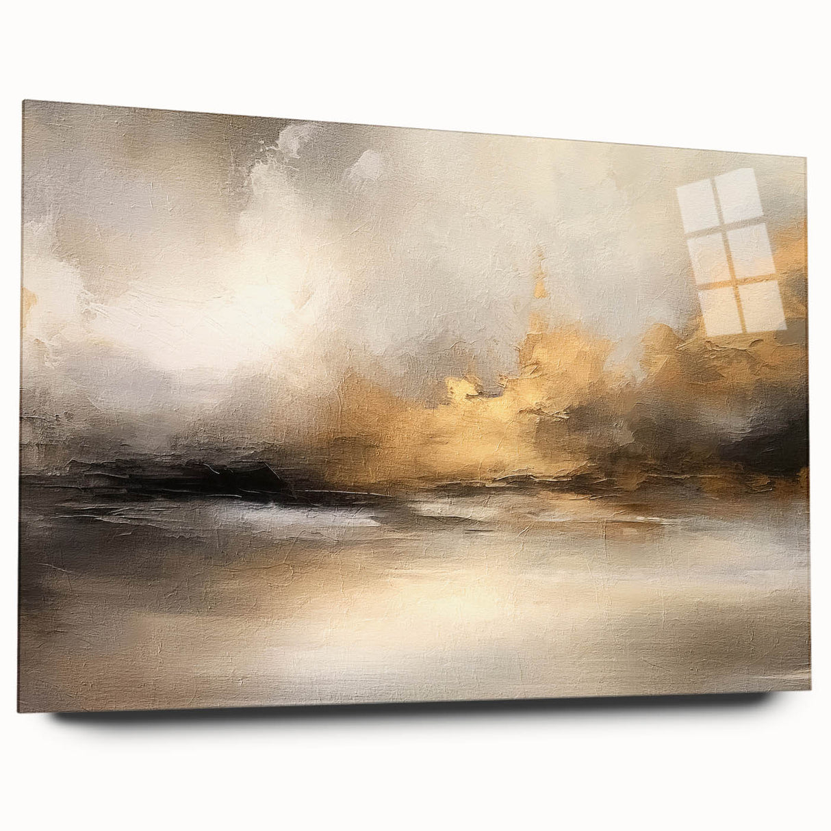 Abstract landscape wall art piece displayed in a side view, showcasing vibrant colors and intricate designs, mounted on sleek acrylic glass for modern decor.
