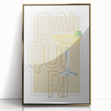 Large art print of a mid-century modernist cocktail, rendered in bold orange and blue tones, acrylic framed.