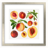Textured abstract art print featuring assorted fruits in vibrant colors, framed in silver, ideal for bedroom decor.
