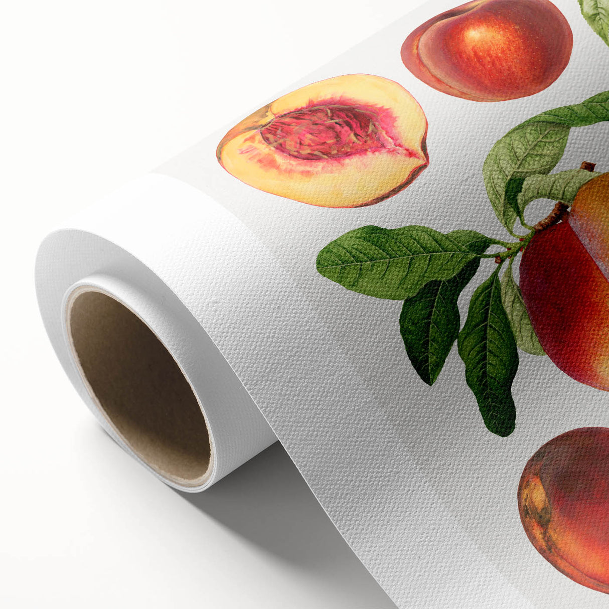 Art deco poster featuring an array of vibrant fruits on a rolled canvas, suitable as nursery wall art or in a dining room.