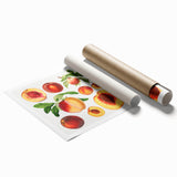 Extra large rolled print featuring assorted fruits in vibrant colors on a white background.