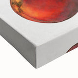 Close-up of a large art piece featuring black and white landscape art paintings of fruits on stretched canvas.