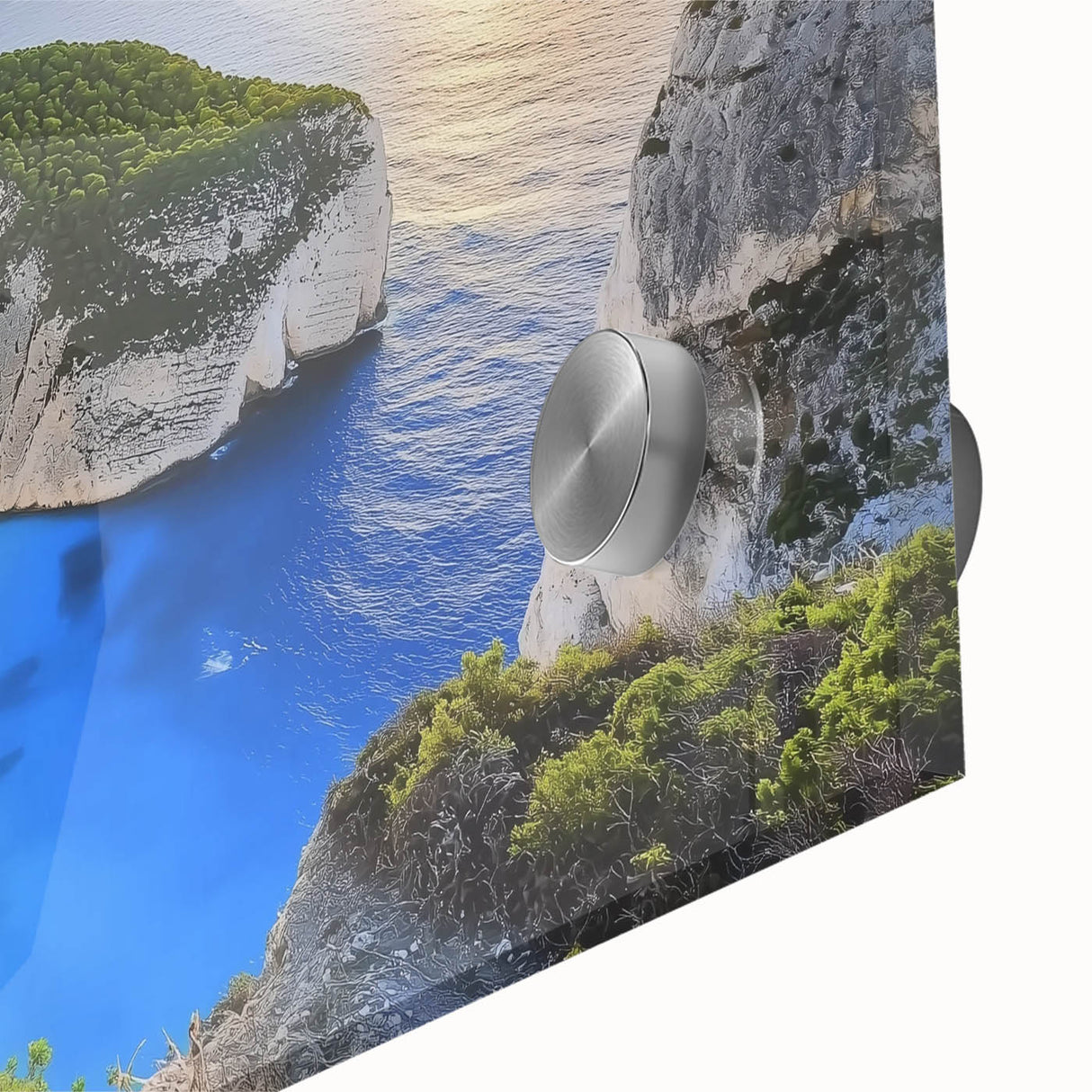Close-up of a vibrant acrylic landscape artwork depicting serene beaches, showcasing vivid colors and intricate details, ideal for coastal-themed decor.
