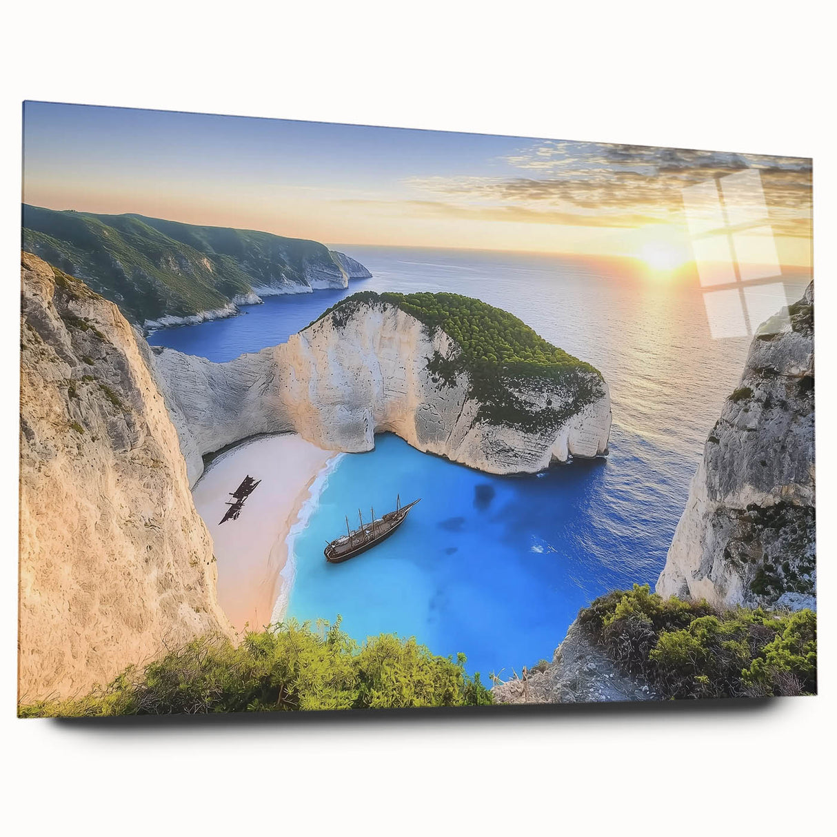 Acrylic wall art depicting a vibrant beach landscape with vivid colors and intricate details, showcased in a side view without pins, perfect for coastal decor.