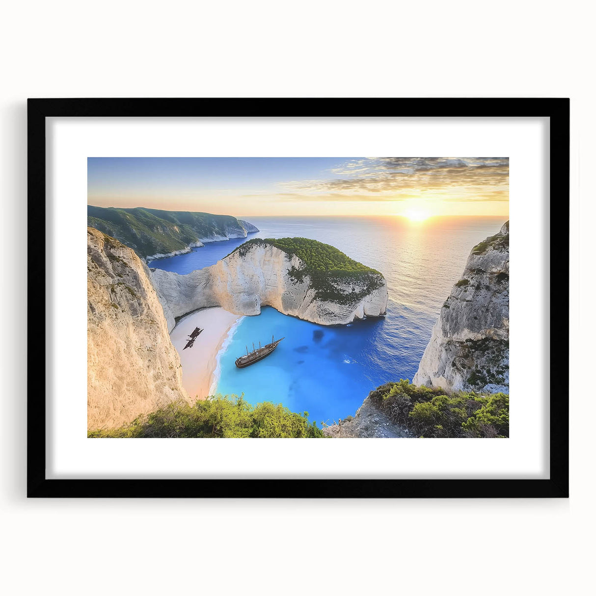 Black-framed landscape art piece showcasing a tranquil beach scene with vibrant colors and detailed textures, perfect for home decor or coastal-themed interiors.