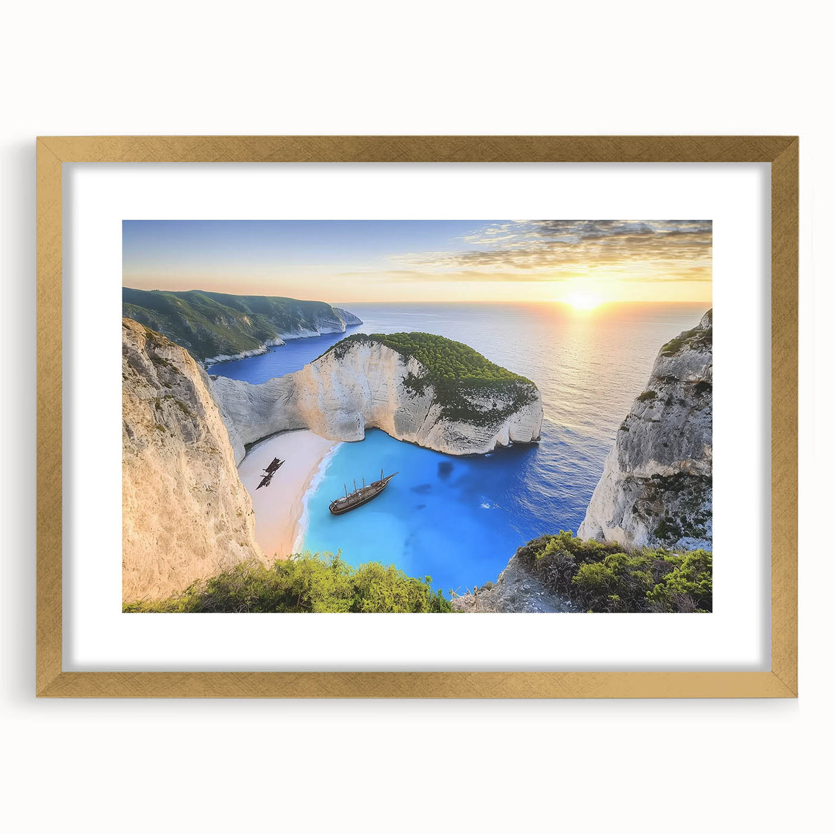 Elegant landscape artwork of a tranquil beach scene displayed in a gold frame with a mat, perfect for home or office decor, enhancing any interior style.