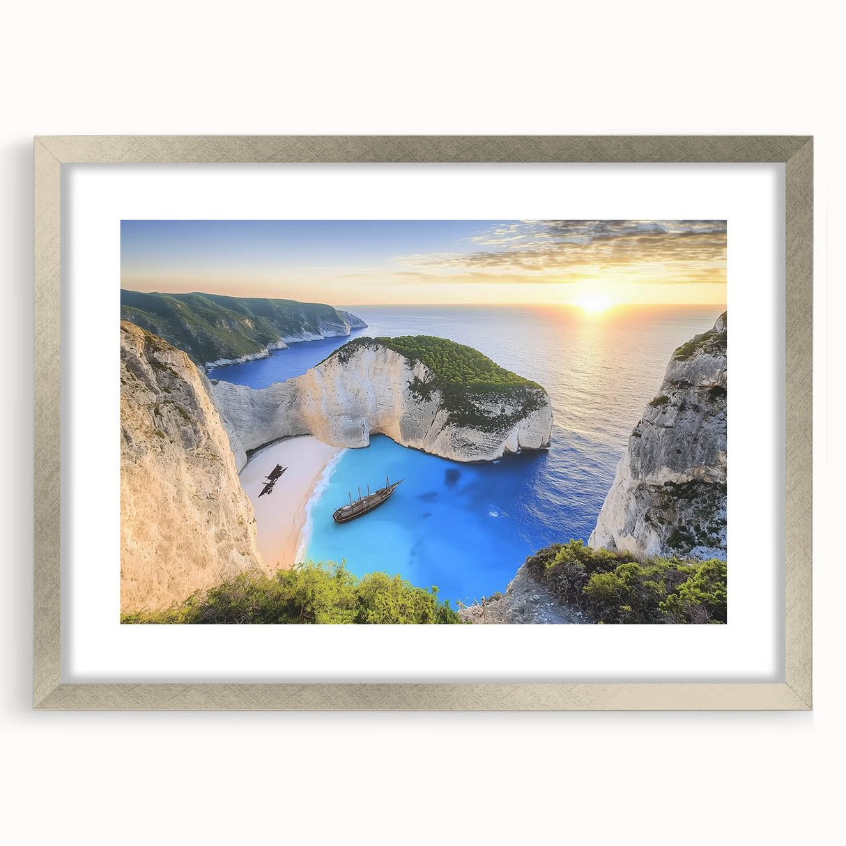 Framed landscape artwork depicting serene beach scene with soft waves and sandy shore, featuring a silver mat and stylish frame, perfect for home decor.