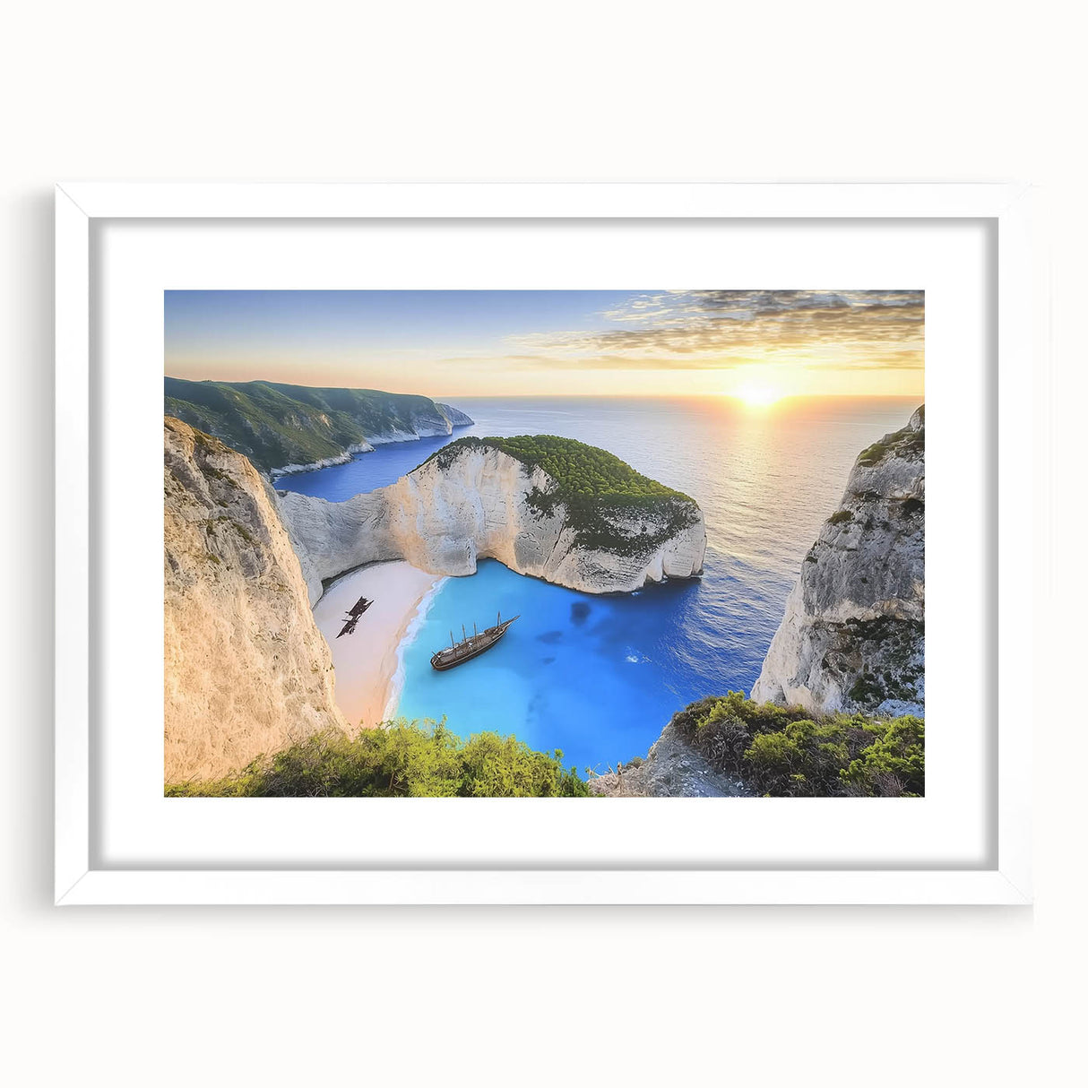 Framed landscape artwork showcasing a serene beach scene with soft waves and a blue sky, featuring a white mat and a sleek black frame, ideal for coastal decor.