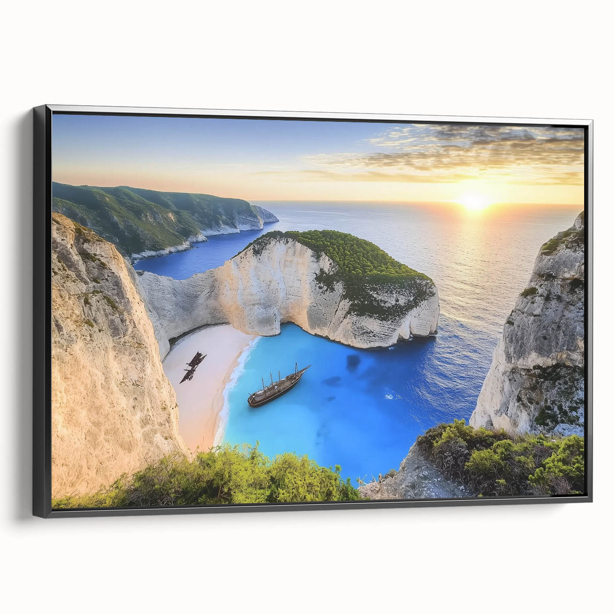 Framed canvas artwork of a serene beach landscape with vibrant colors, showcased from a black side view, ideal for enhancing home decor with a coastal theme.