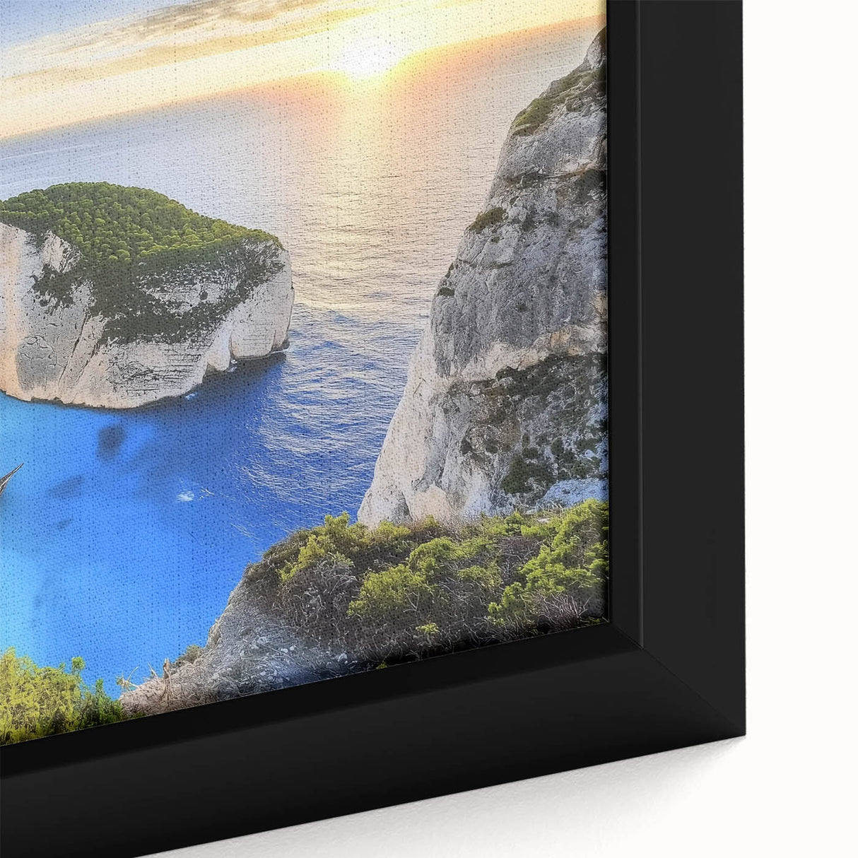 Close-up of a framed landscape canvas showcasing a serene beach scene with vibrant colors, perfect for coastal home decor and adding a tranquil vibe to interiors.