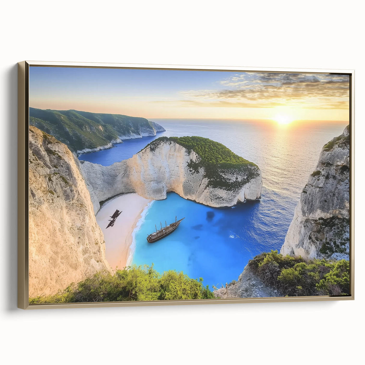 Framed landscape canvas artwork depicting a serene beach scene, featuring soft gold accents on the sides, perfect for coastal-themed home decor. Ideal for enhancing living spaces with a touch of elegance and tranquility.