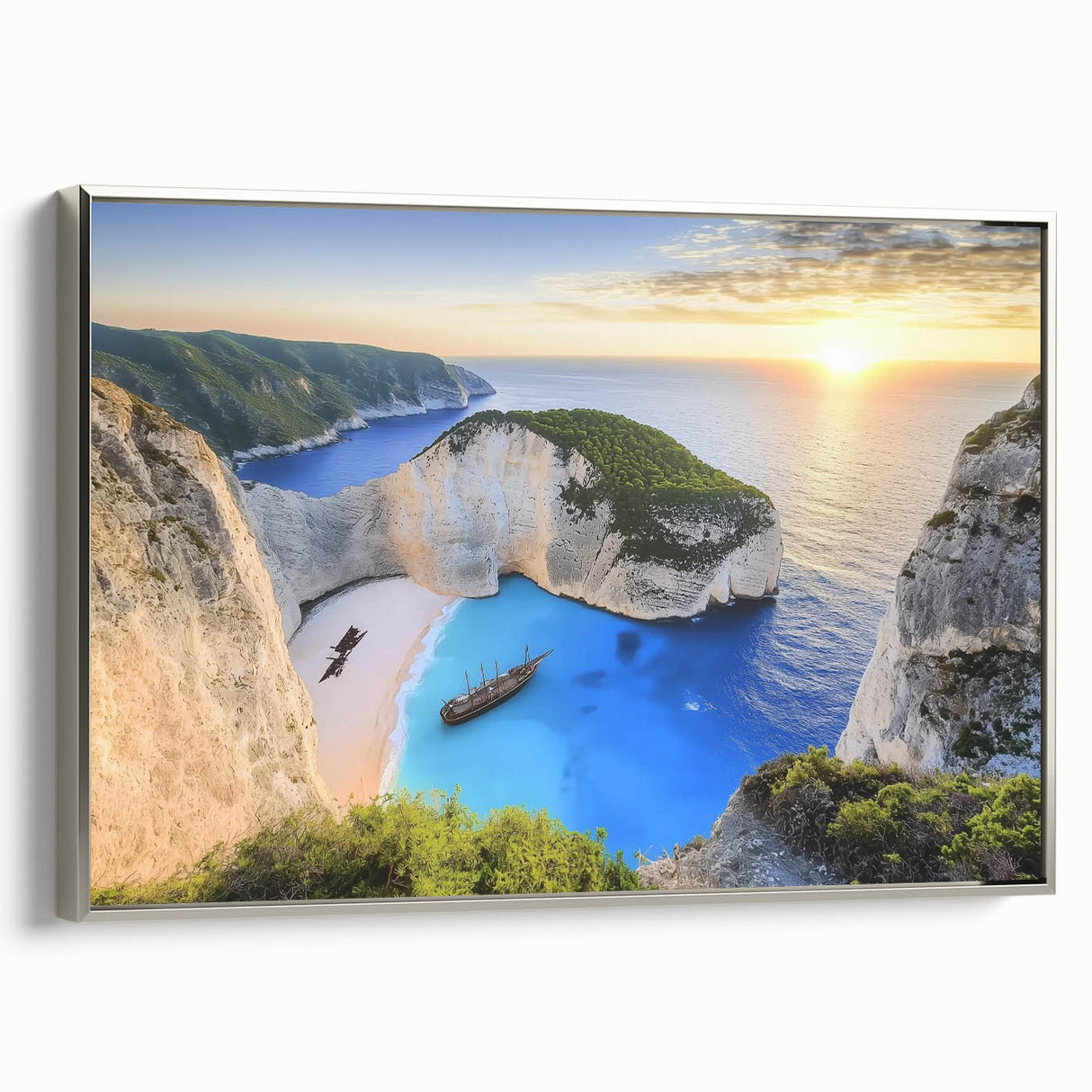 Framed canvas artwork showcasing a serene beach landscape with vibrant colors and silver accents, ideal for home decor or art enthusiasts. Perfect for adding coastal elegance to any room.