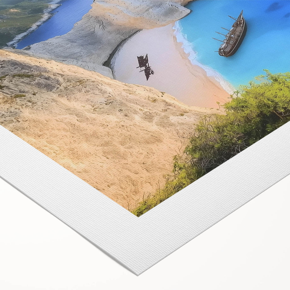 Stunning rolled canvas artwork depicting a serene beach landscape with vibrant colors, ideal for home decor, showcasing waves and sandy shores in high detail.