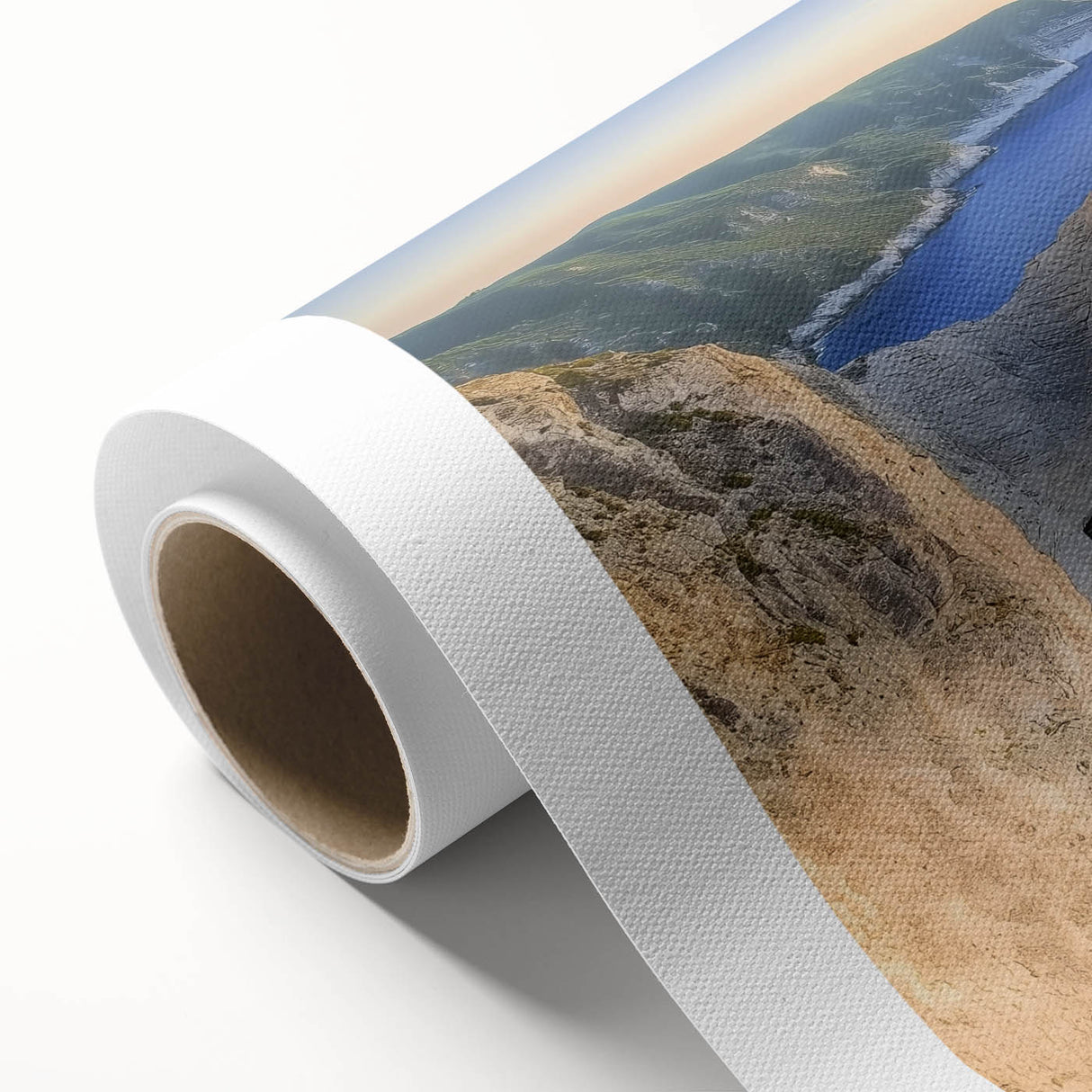 Rolled canvas showcasing a vibrant beach landscape design with soft waves and golden sand, elegantly packaged in a durable cardboard tube for safe transport. Ideal for coastal home decor enthusiasts seeking a serene atmosphere.