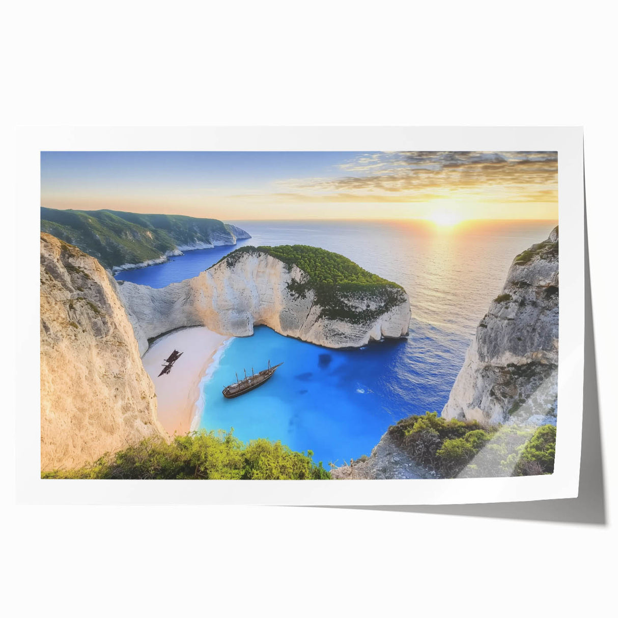 Serene landscape featuring a vibrant beach scene with golden sands and turquoise waters, printed on high-quality material, ideal for home or office decor.