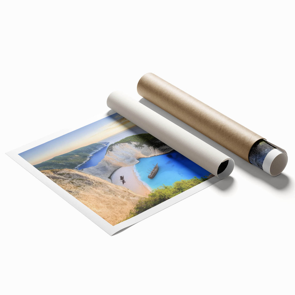Stunning rolled landscape print showcasing vibrant tropical beaches with turquoise waters and golden sands, elegantly packaged in a protective cardboard tube for easy display.