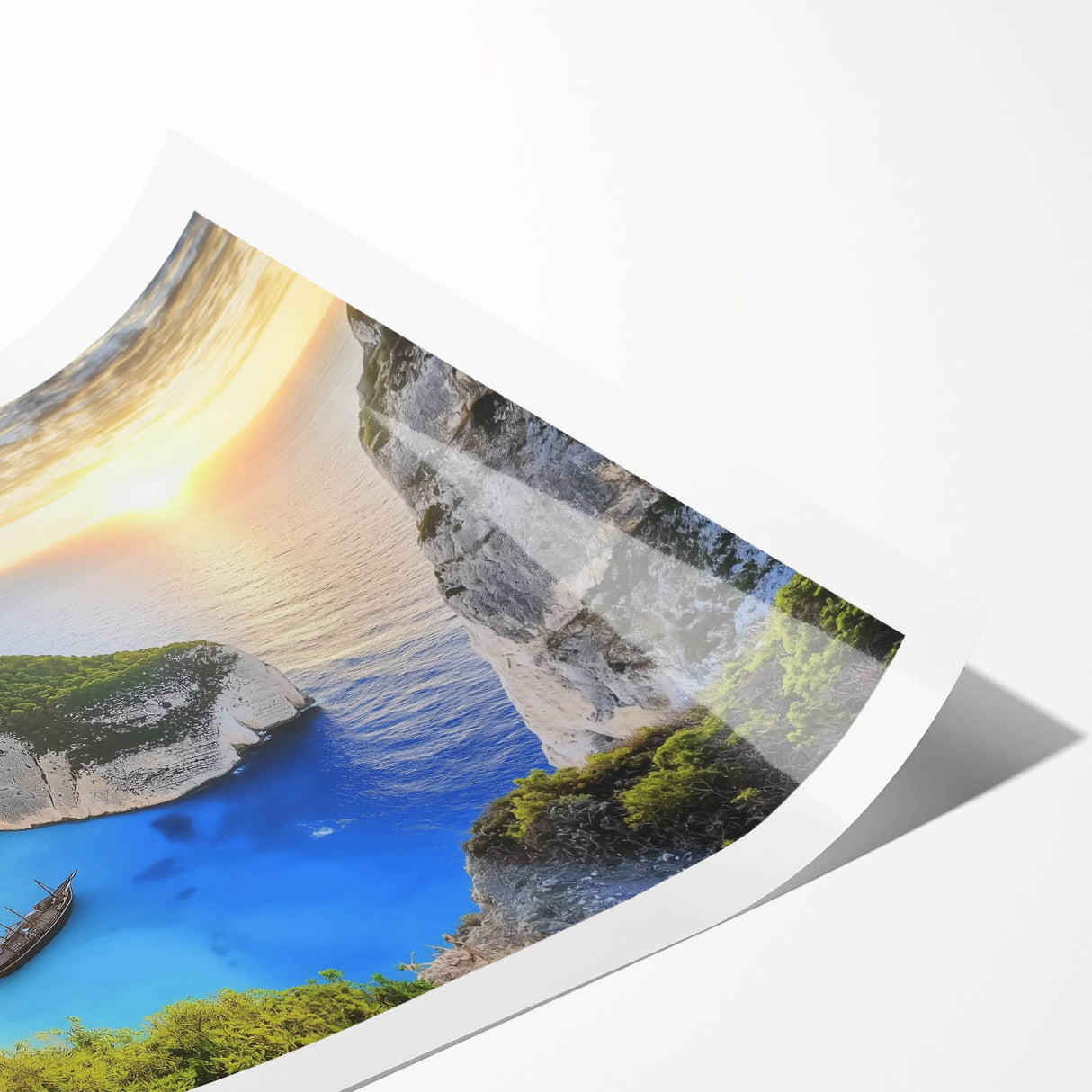 Colorful landscape art print showcasing serene beaches with gentle waves and a vibrant sunset, rolled in a protective tube for easy display and transport. Ideal for coastal-themed decor or beach lovers.