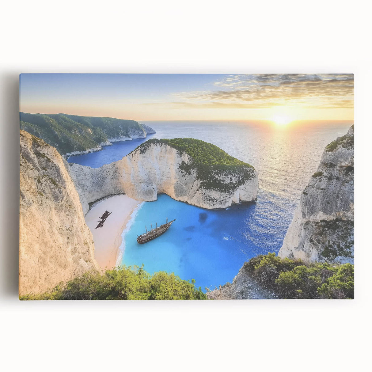 Stretched canvas artwork depicting a vibrant beach landscape, showcasing soft sand, gentle waves, and a colorful sunset. Perfect for coastal home decor or beach-themed interiors.