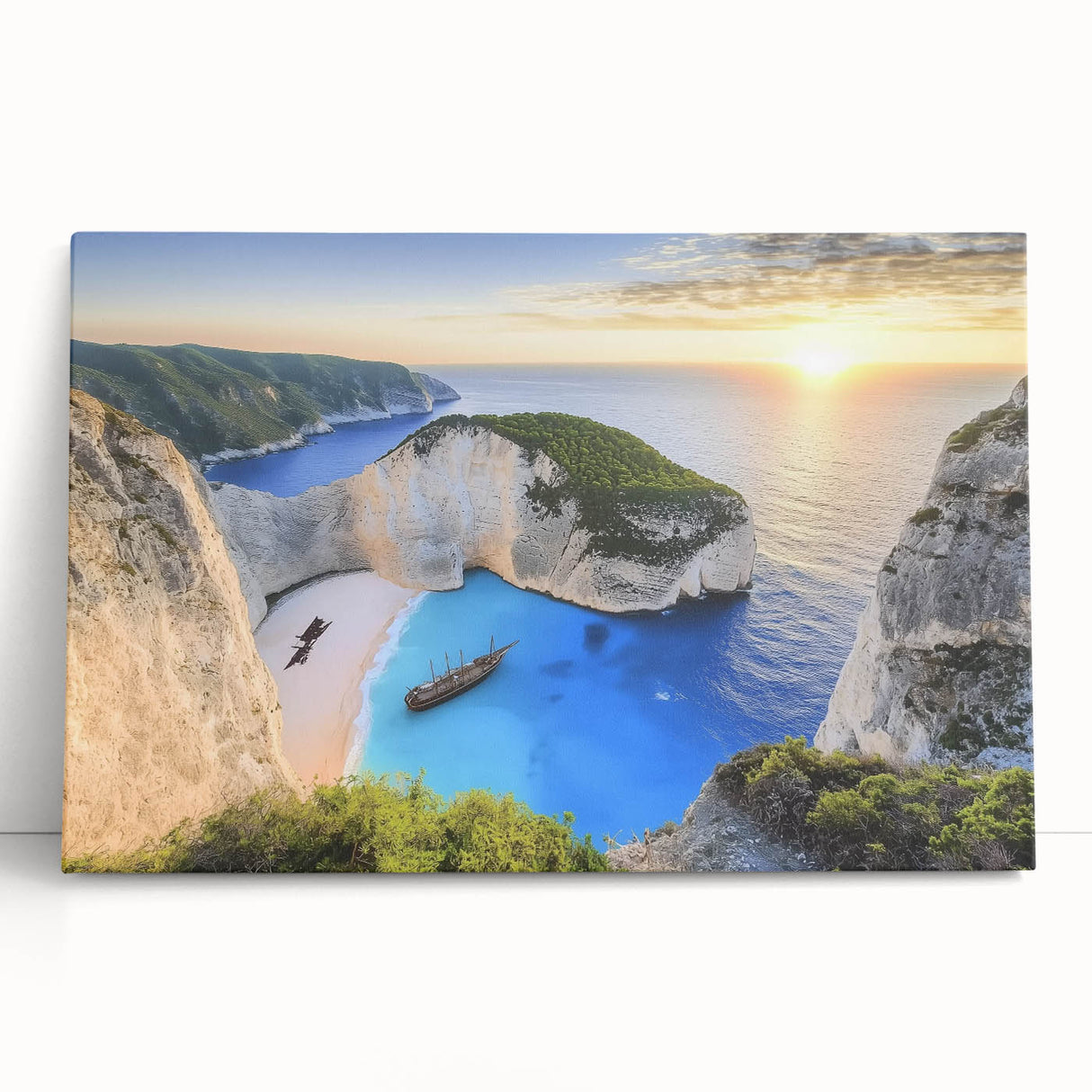 Stretched canvas artwork showcasing a serene beach landscape, featuring vibrant blues and sandy tones, perfect for coastal-themed decor. Ideal for enhancing living spaces with a tranquil vibe.