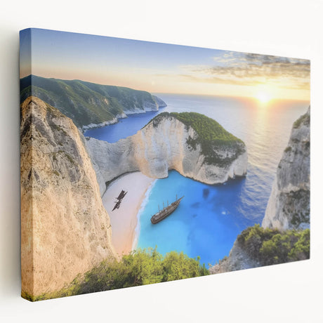 Stretched canvas artwork showcasing a vibrant beach landscape with vivid blues and sandy tones, perfect for coastal home decor and enhancing any living space.