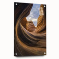 Landscape acrylic glass artwork showcasing a stunning canyon view, displayed from the side with pins for mounting. Ideal for nature-themed decor in contemporary spaces.