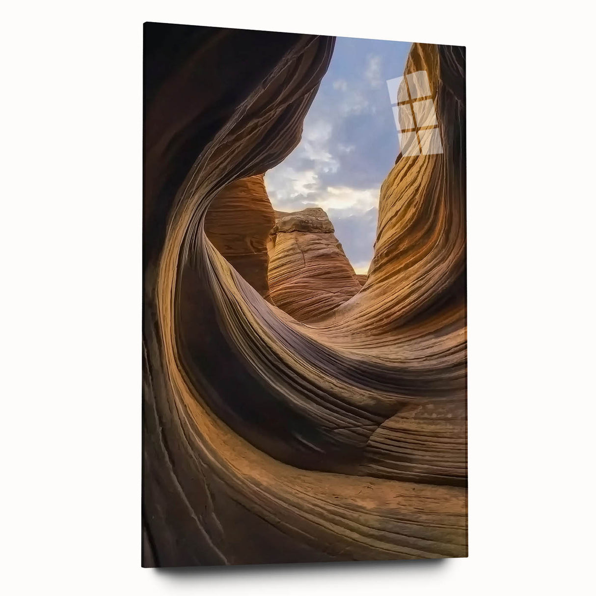 Acrylic glass artwork depicting vibrant canyon landscapes in rich earth tones, showcasing intricately layered textures and a side view without pins, ideal for modern decor.