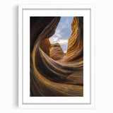 Framed landscape artwork depicting stunning canyons in vibrant colors, featuring a white mat and sleek frame, perfect for home decor accents and nature enthusiasts.